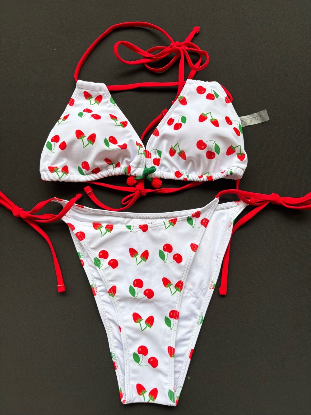 White Cherry Print Tie Bikini with Red Trim